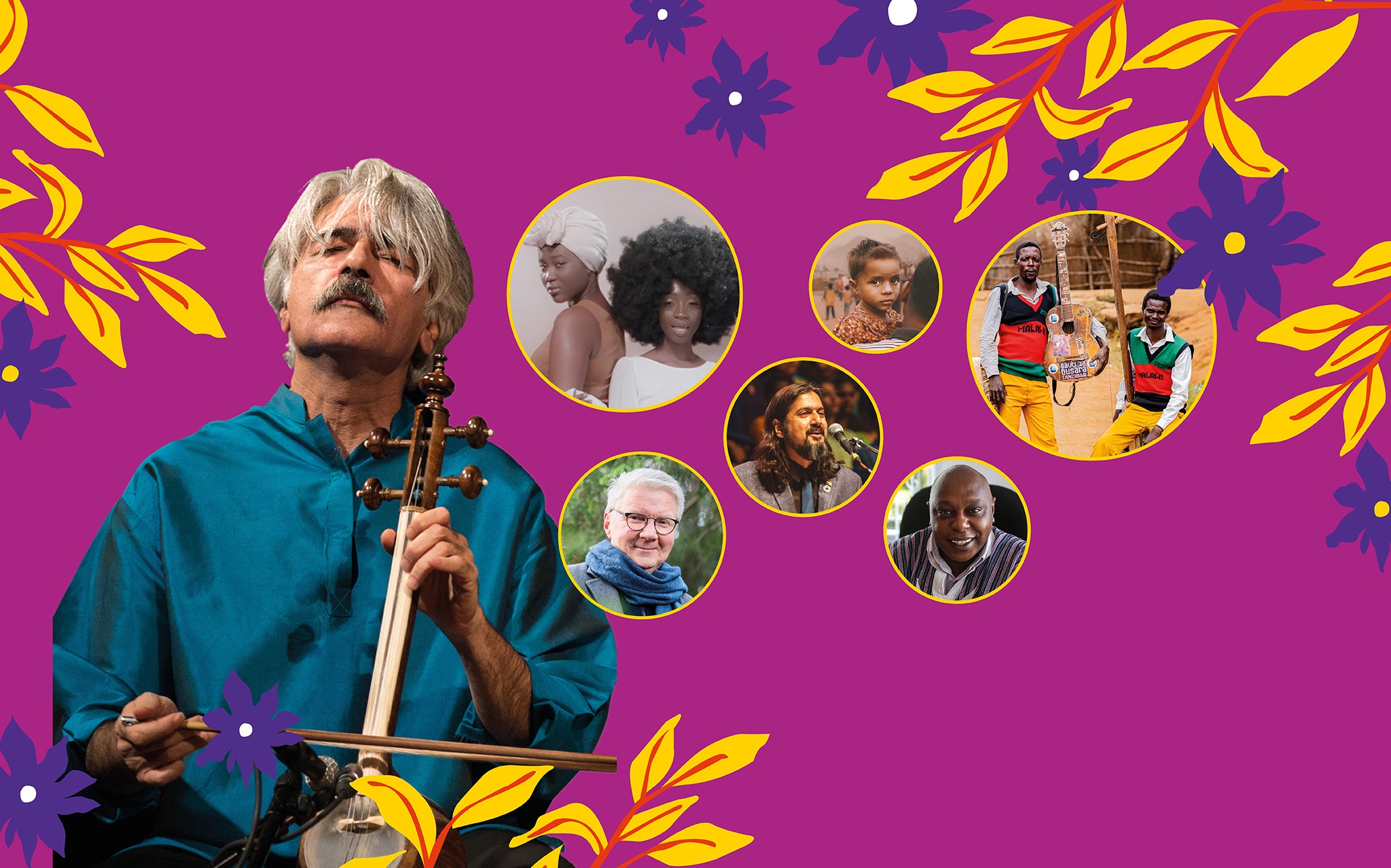 Pictures of World Village Festival's performers on purple background. Kayhan Kalhor, Madalitso Band, Ricky Kej, Pirkka-Pekka Petelius, among others.